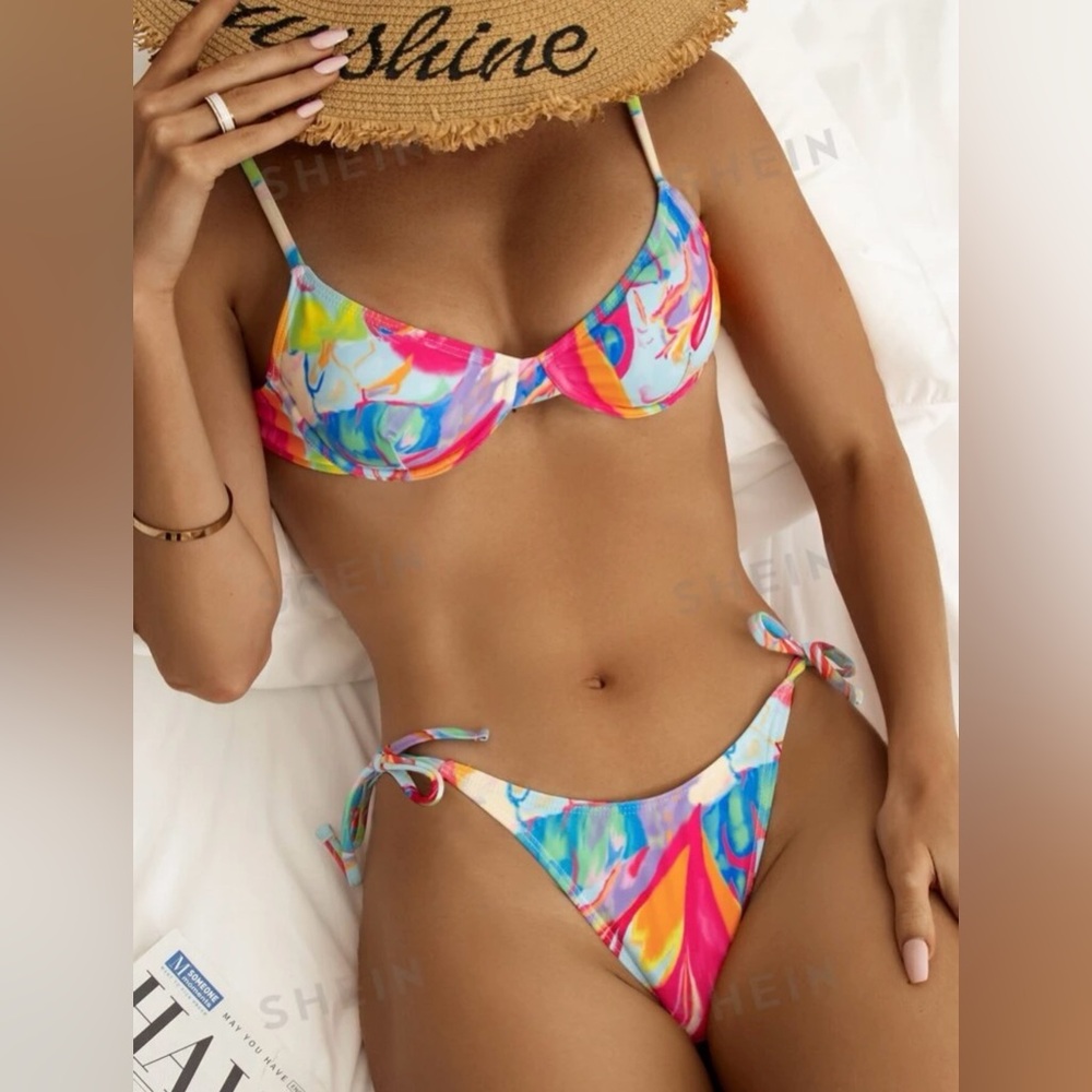 SHEIN Swim Bikinis: Tie-Dye Beach Underwire & Thong Bikini, Pink Textured Bikini - Picture 6 of 14